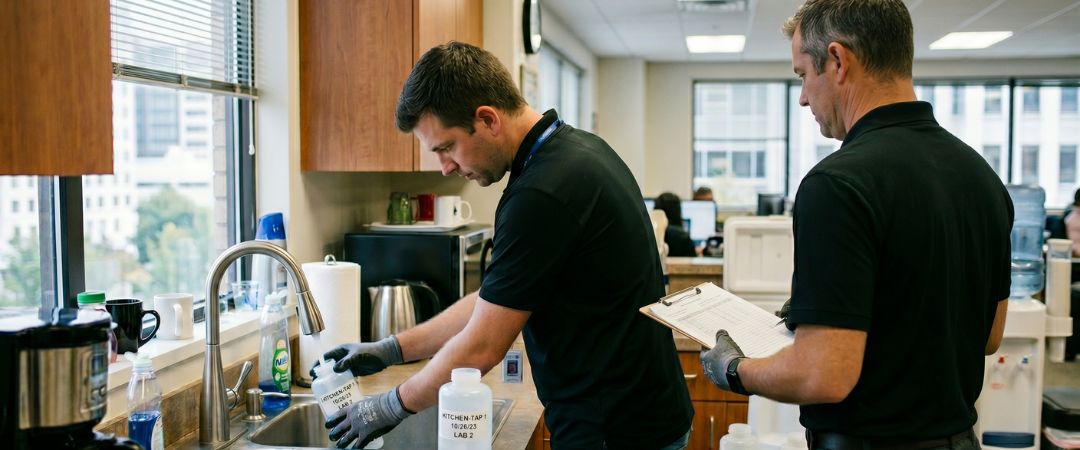 Modern water testing and treatment technician inspecting building water system