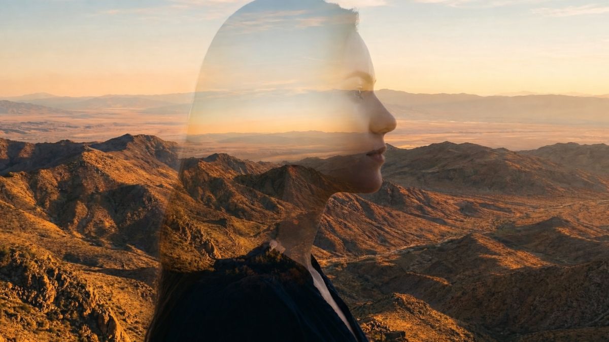 A double exposure portrait blending the side profile silhouette of a woman with a rugged mountain landscape during a golden sunset