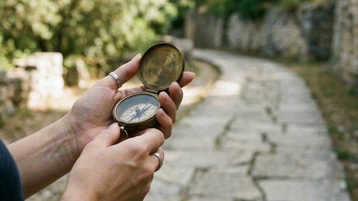 A close-up photograph of a person's hands holding an open vintage brass compass, with a winding, tree-lined stone path blurred in the background.
