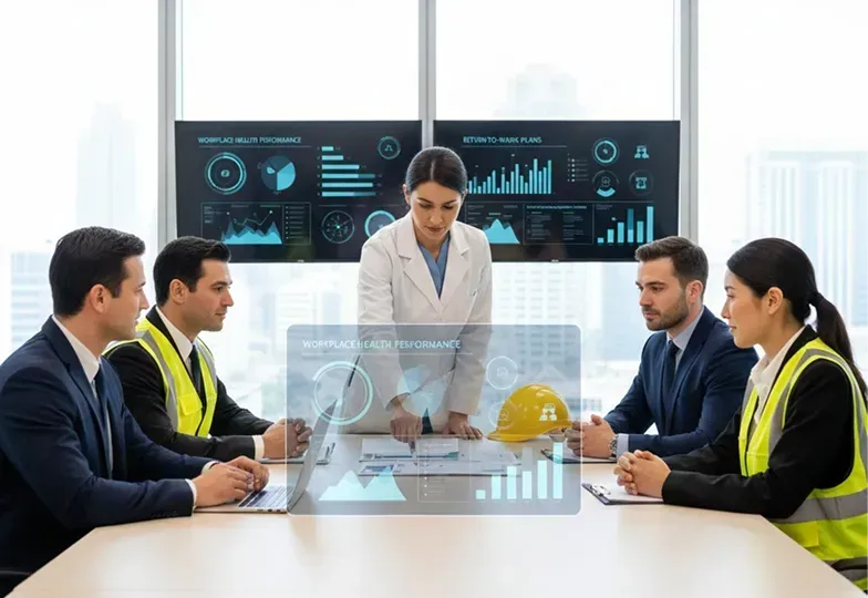 Two men are working together and discussing return to work program on a laptop.