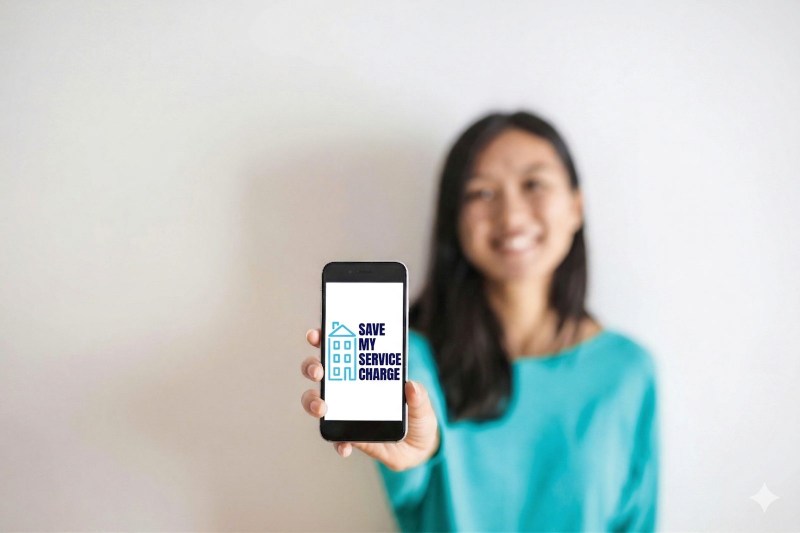 A woman holding up a phone screen with the Save My Service Charge Logo