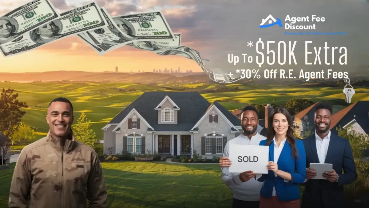 Image of A Veteran, and a Family and realtors standing in front of a beautiful brick home, green valley and city backdrop at golden sunset hour with AgenFeeDiscount.com