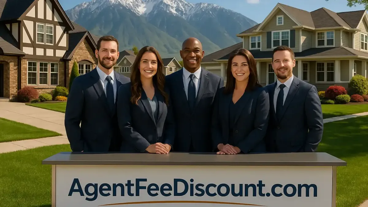 Image of Bankers representing Agent Fee Discount Standing in front of 2 Neighborhood homes in a mountain own with blue skies and beautiful landscaping
