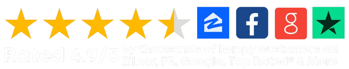 Five stars with the rating "4.9/5" displayed from Zillow, Facebook, Google Plus.