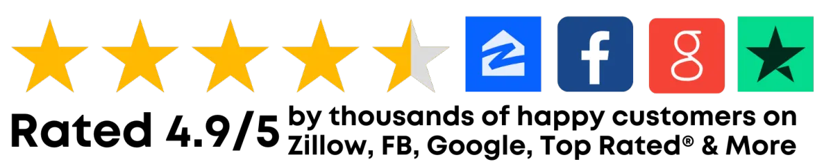 Five stars with the rating "4.9/5" displayed from Zillow, Facebook, Google Plus.