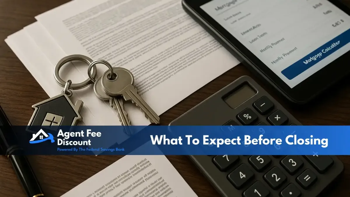 A set of house keys, paperwork, a calculator, and a tablet displaying a mortgage calculator are on a desk. A banner reads Agent Fee Discount: What To Expect Before Closing.