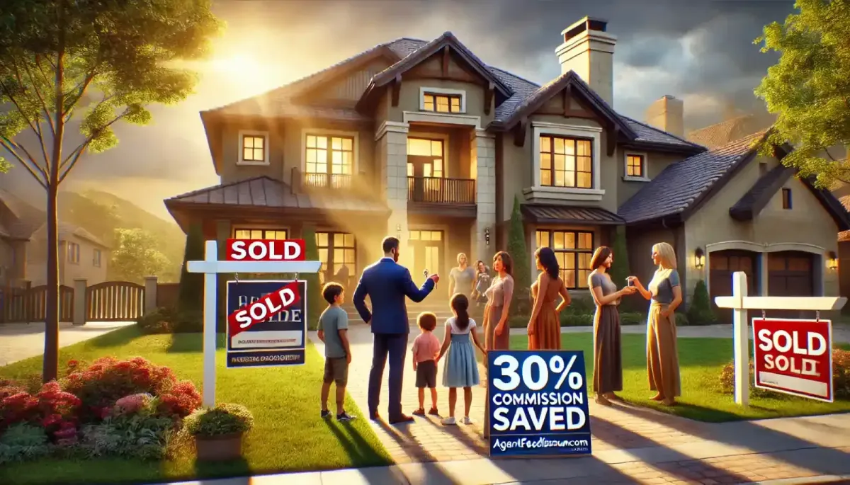 A group of people stand in front of a large house with multiple “SOLD” signs and a sign reading “30% commission saved.” The scene is bright and cheerful, suggesting a successful home sale.