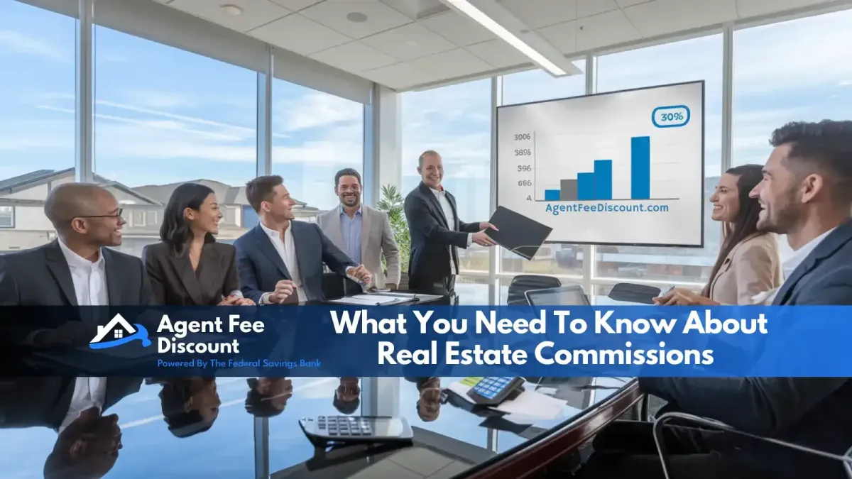 A group of business professionals sit around a conference table while a man presents a chart on real estate commissions on a screen at the front of the room.