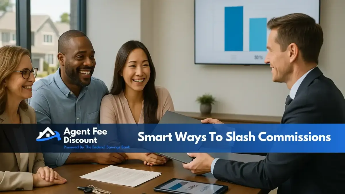 A smiling real estate agent hands documents to a happy couple and another woman in an office, with a presentation screen in the background. A banner reads, Smart Ways To Slash Commissions with the Agent Fee Discount logo.