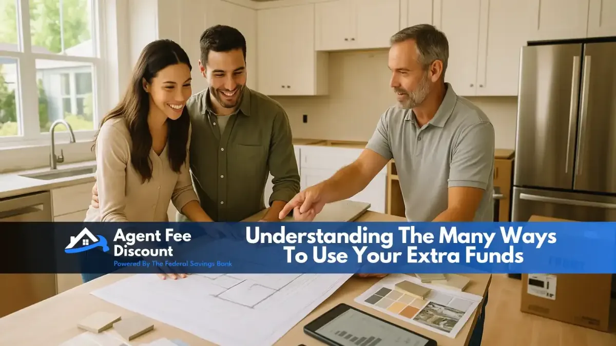 A man and woman smile while discussing plans with a real estate agent in a bright kitchen, looking at paperwork and a tablet. Banner text reads: Understanding The Many Ways To Use Your Extra Funds.