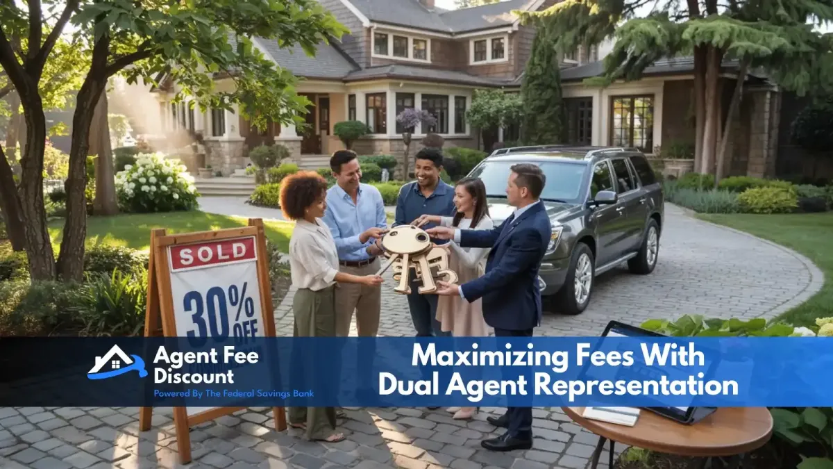 A diverse group of people stand in front of a house with a SOLD sign and 30% OFF banner. They exchange a large key, smiling, with cars and trees in the background. A banner reads, Maximizing Fees With Dual Agent Representation.