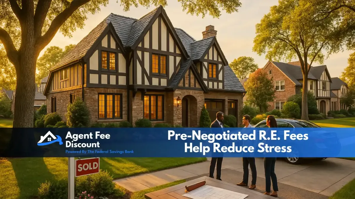 A real estate agent and a couple stand by a “sold” sign outside a large Tudor-style house. A banner reads: “Pre-Negotiated R.E. Fees Help Reduce Stress. Agent Fee Discount.”.