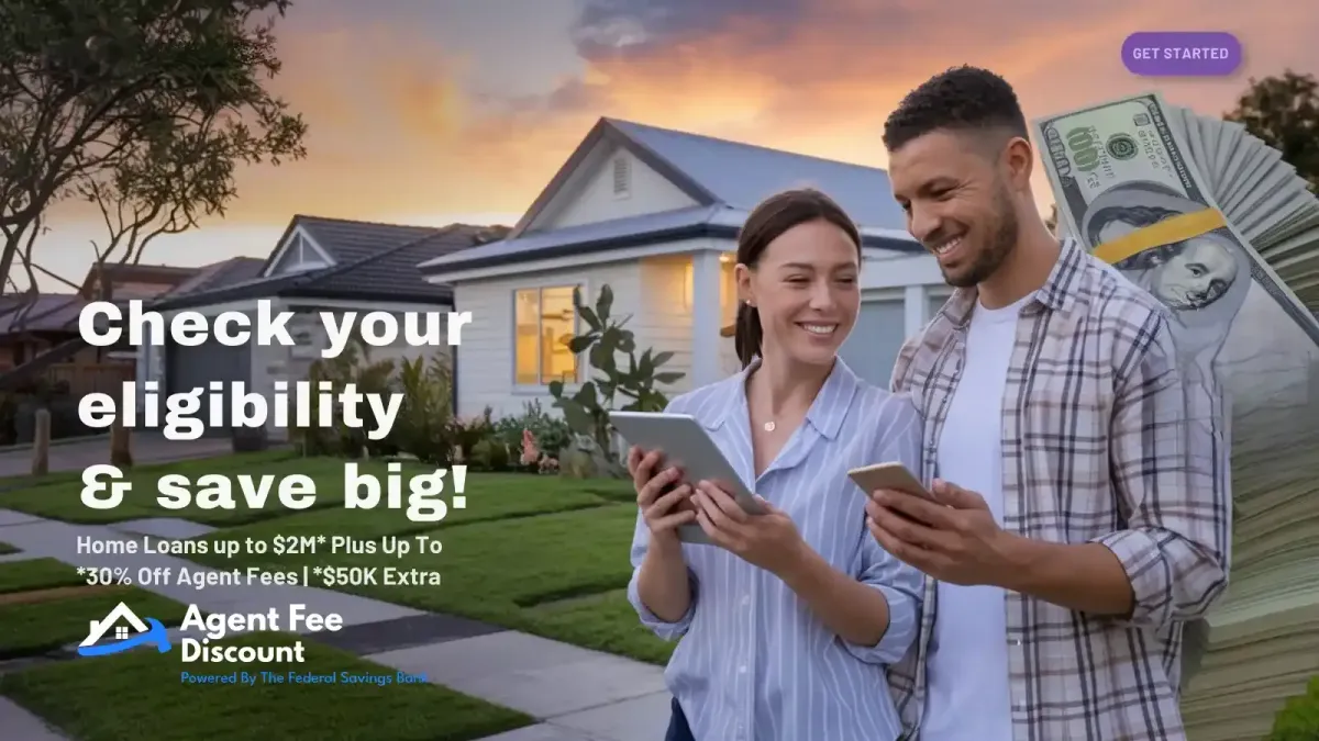 Image of a couple reviewing their savings and eligibility with a stack of cash behind them infront of a home in a neighborhood with AgentFeeDiscount.com