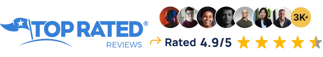Top Rated Reviews logo, followed by images of diverse faces and rating summary showing 4.8/5 stars and over 3000 reviews.