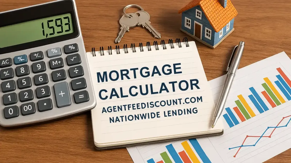 Home Loan Calculator and Mortgage Payment Calculator Image on a desk with keys, paper, mini home with AgentFeeDiscount.com