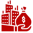 A hand grasping a bag filled with money, painted in vibrant red hues.