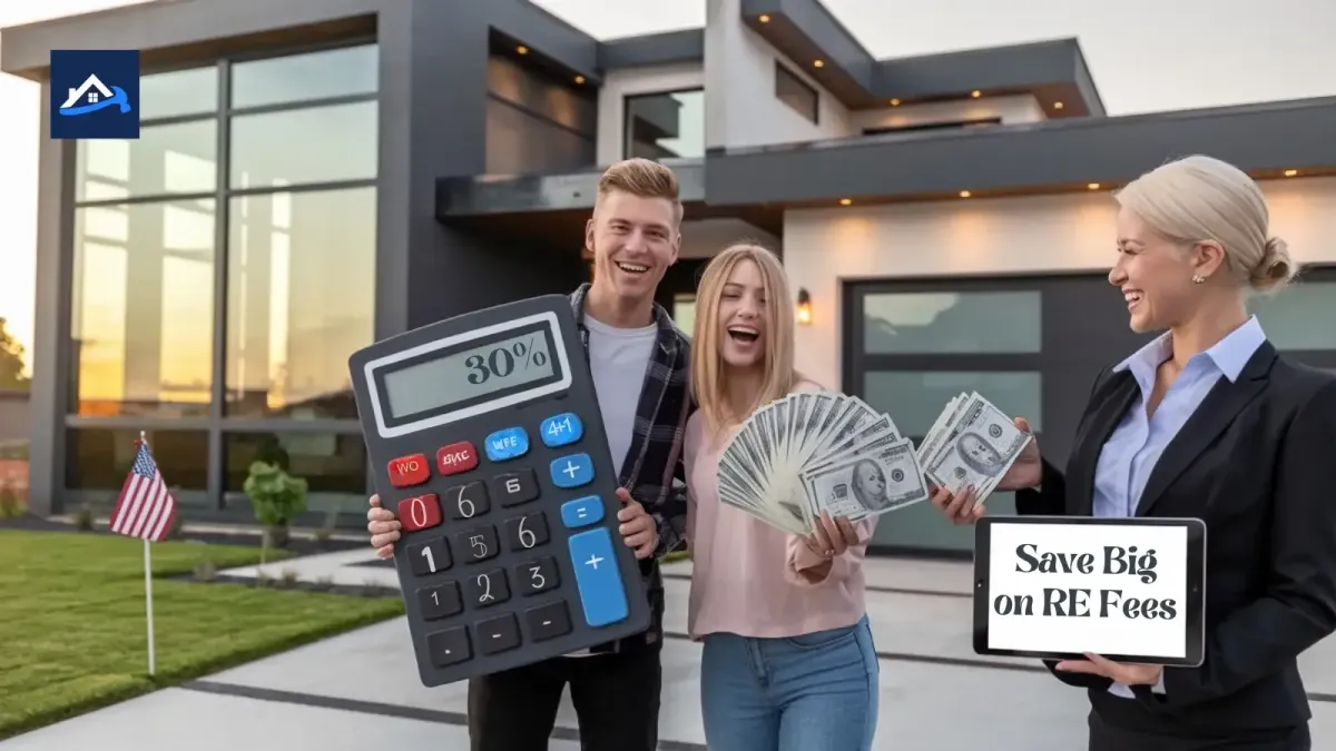 Image of a young couple and realtor in front of home, holding a large calculator and ipad with AgentFeeDiscount.com