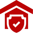 A red house with a shield and check mark symbolizing safety and approval.