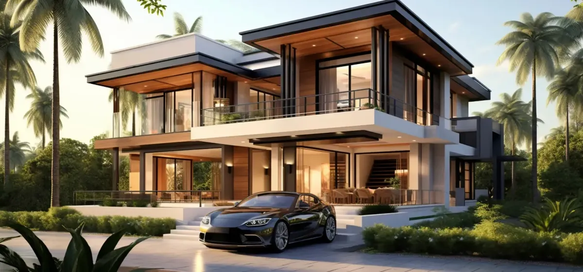 A modern two-story house with large windows, wooden accents, and a flat roof, featuring a black car parked in the driveway and surrounded by palm trees.
