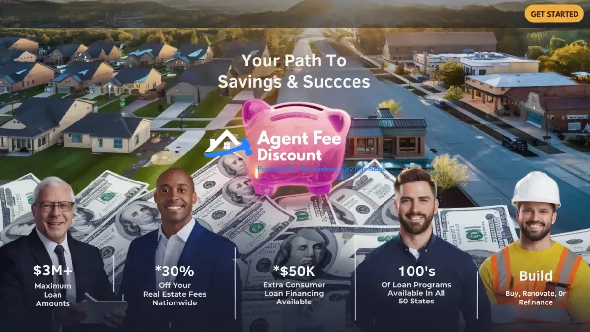 Infographic Image Showing Loan Amount, Discounts, Savings, Extra Fees with Agent Fee Discount, Professionals In Front of Money Over a Neighborhood and small town