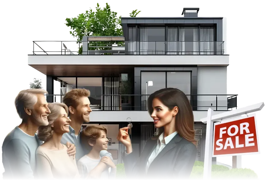 A real estate agent, known for remarkable commission savings, hands the keys to a smiling family in front of a modern two-story house with a "For Sale" sign.