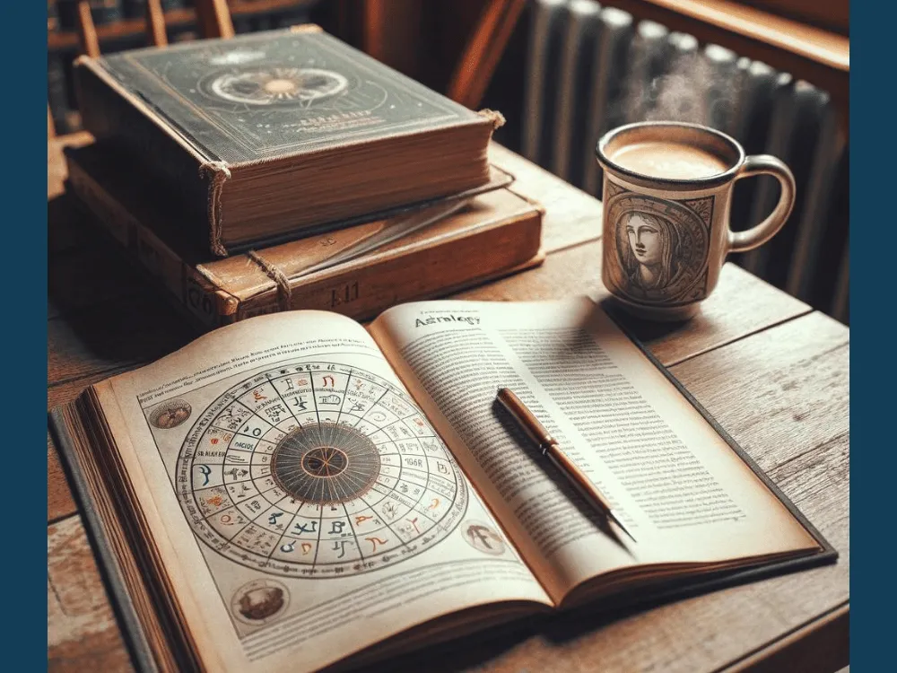 Open astrology book and birth chart notebook on a wooden desk beside a coffee mug — symbolizing reflection and self-discovery during an astrology reading.