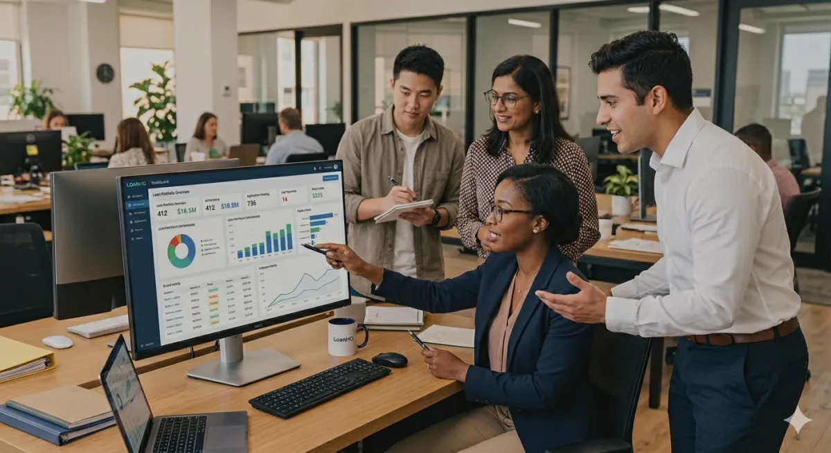 Loan Management Software Team Reviewing Loan Lifecycle Dashboard