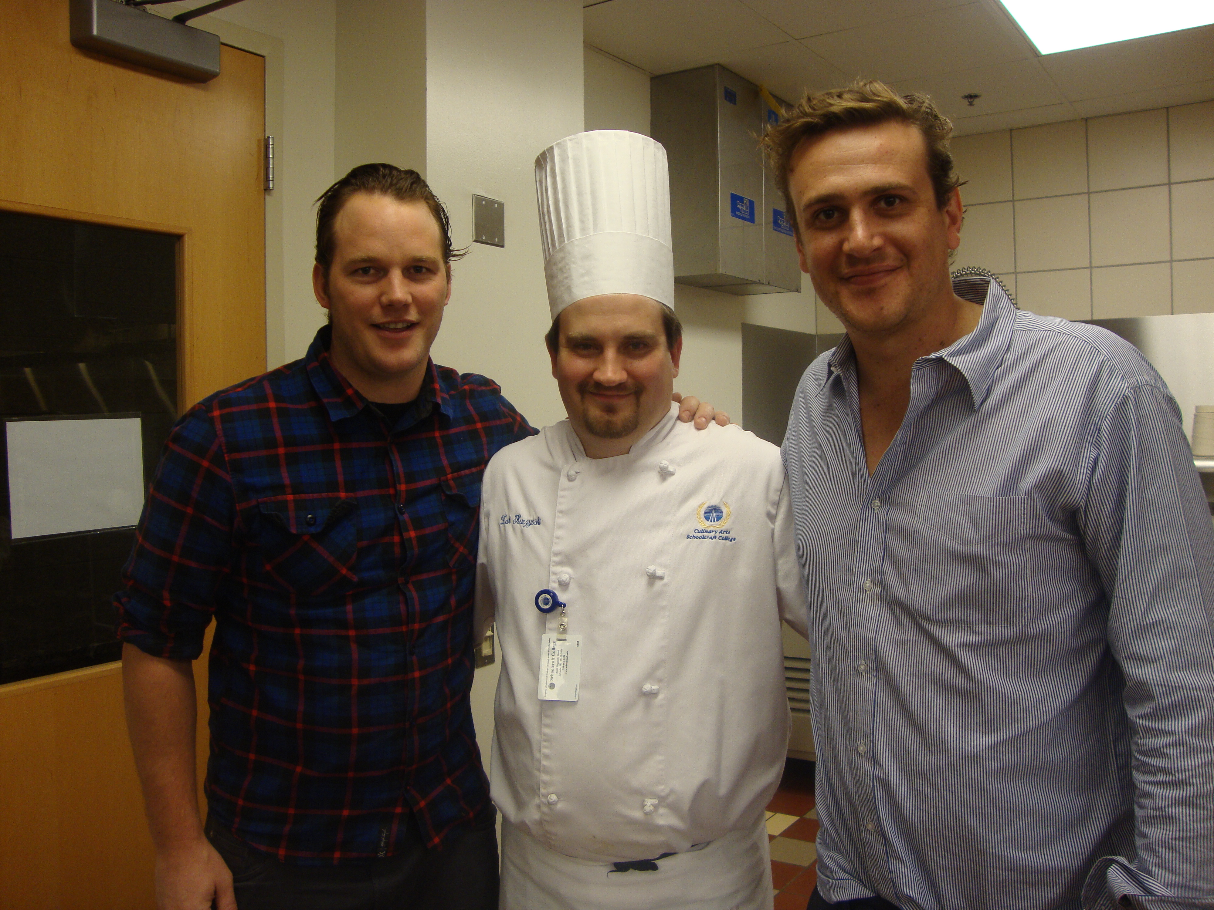Chef Zak Kuczynski with Chris Pratt and Jason Segel during culinary training for The Five-Year Engagement movie