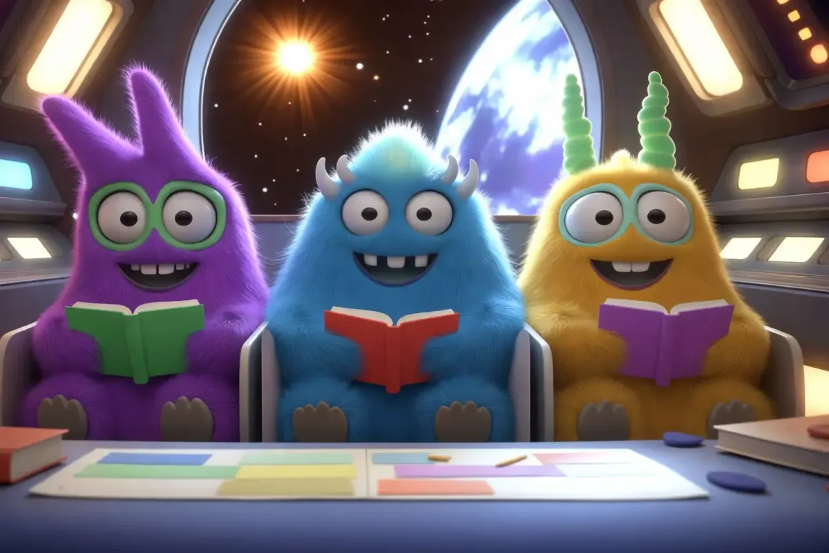 Three friendly K5 Gifted characters reading together