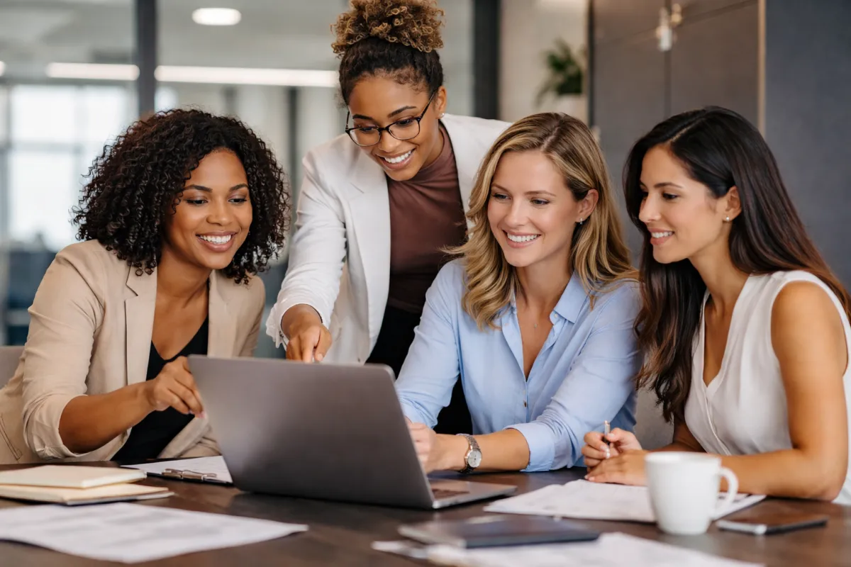 A diverse team of business experts collaborating around a sleek conference table, with digital devices and luxury notebooks. The room features platinum walls and subtle rose gold decor, highlighting a culture of innovation and trust.