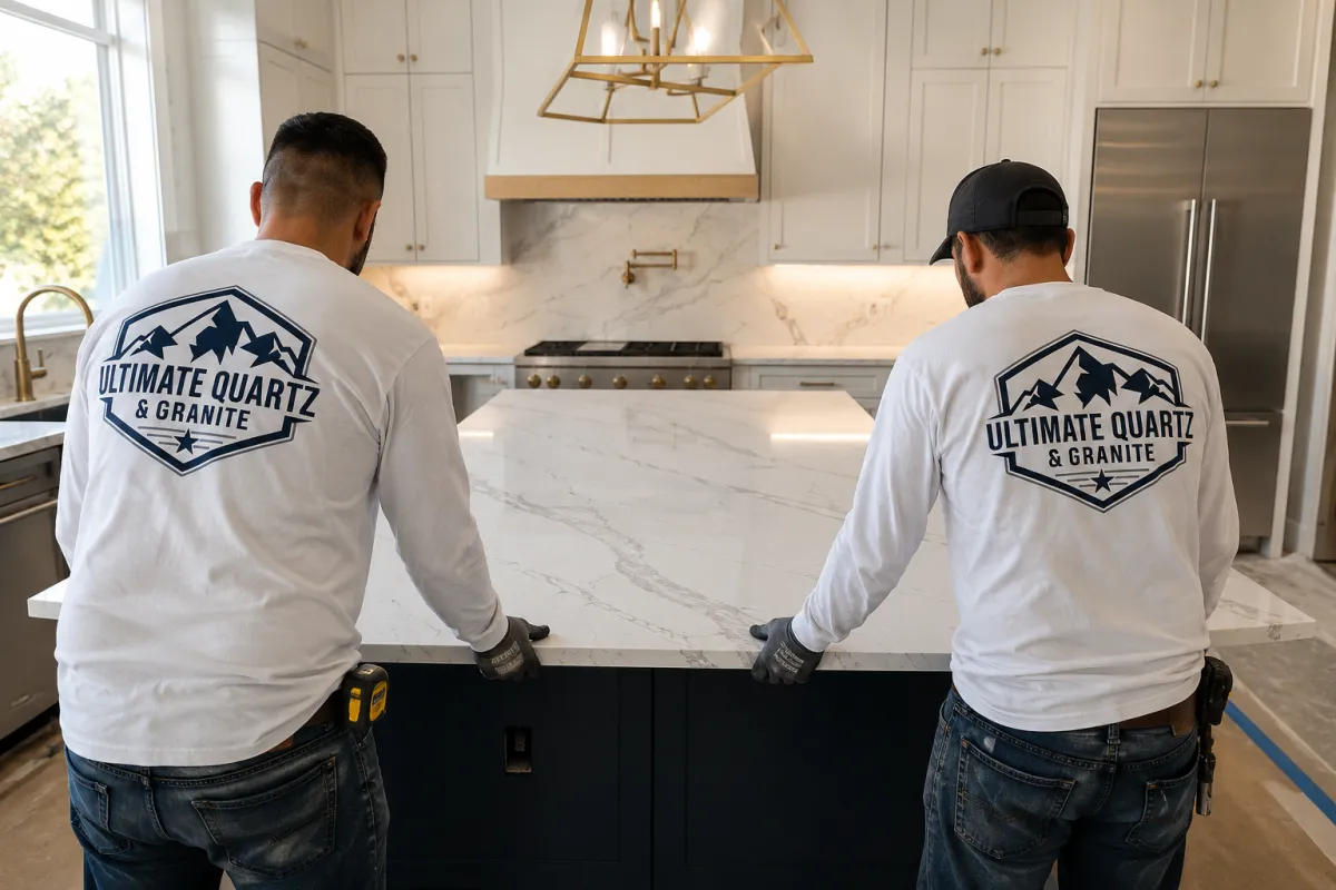 Ultimate  Quartz & Granite installing a quartz countertop island.