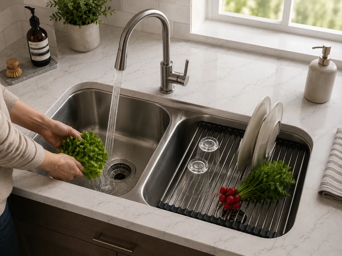 a image of a woman washing vegetables in a sink, quartz counters.