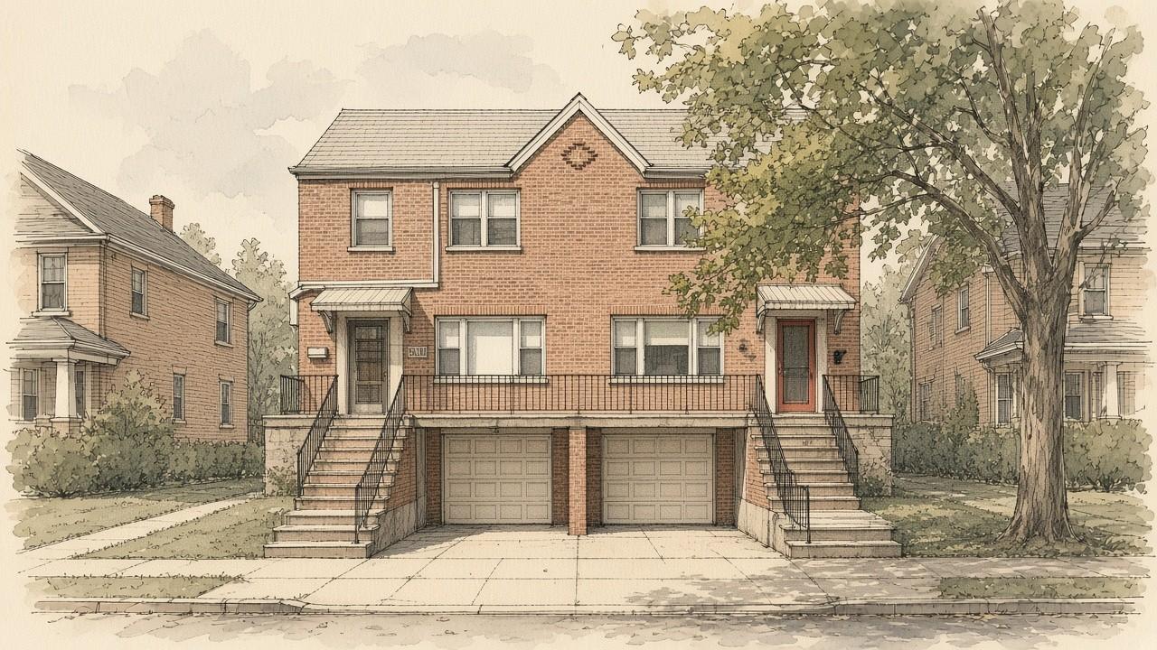 Pen-and-ink drawing of two attached mirror-image red-brick homes on 208th Street in Oakland Gardens, Queens