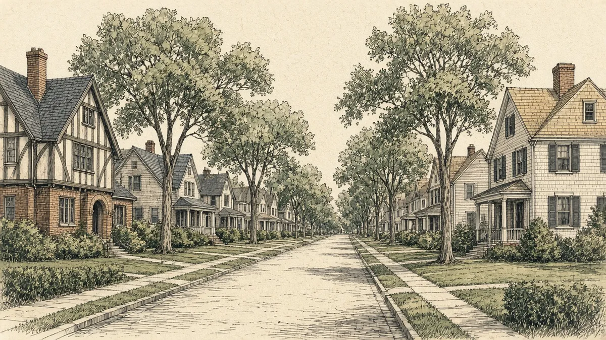 Pen-and-ink drawing of a tree-lined Floral Park street with Tudor and colonial homes.