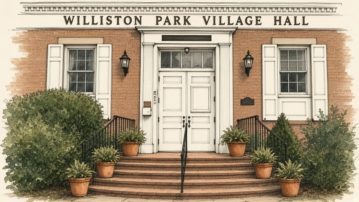 Pen-and-ink drawing of Williston Park Village Hall