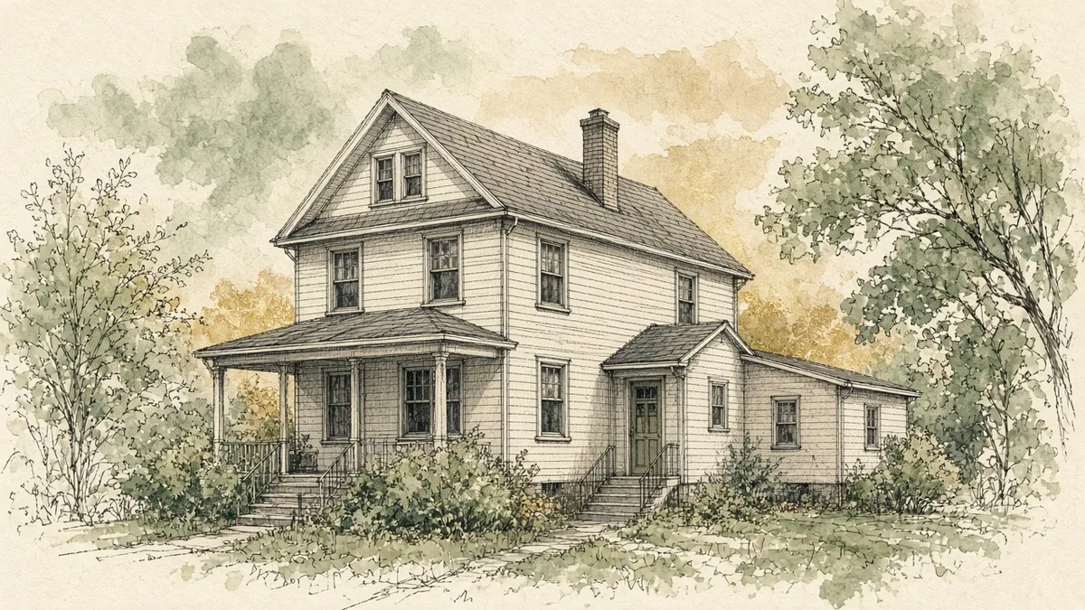 Pen-and-ink drawing of a two-story house with a side entrance and rear addition