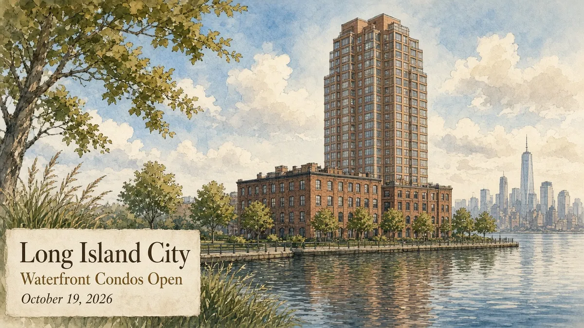 Watercolor and ink illustration of a modern brick-and-glass condo tower rising from an old brick factory beside a Long Island City inlet, with a plaque reading Long Island City, Waterfront Condos Open.