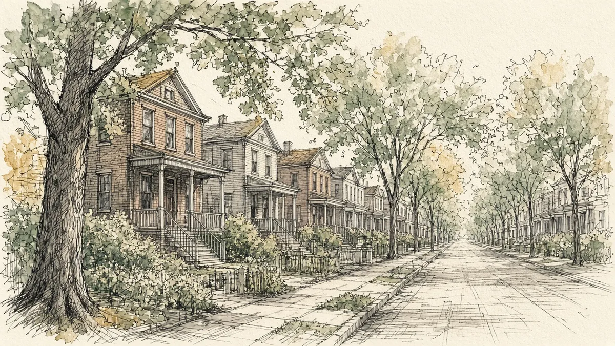 Pen-and-ink drawing of a Bayside street of brick and frame houses