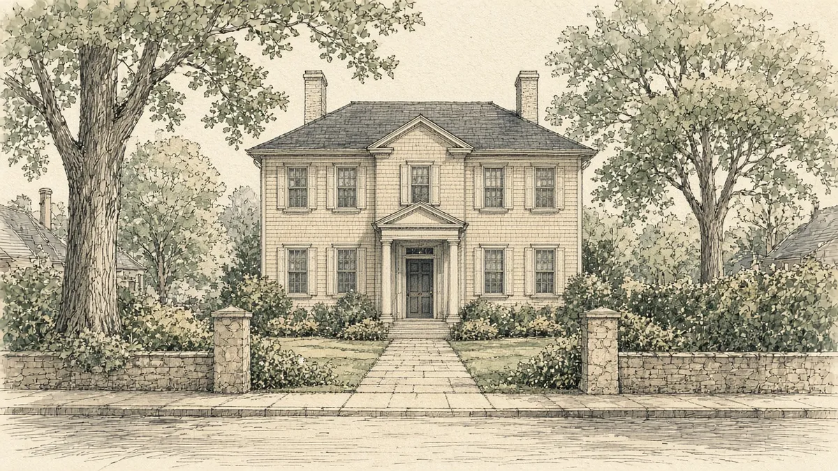 Pen-and-ink colonial home on a tree-lined Garden City street
