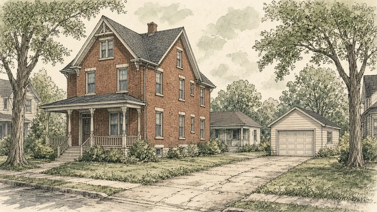 Pen-and-ink drawing of a detached house with a small backyard cottage and a garage on a tree-lined street.
