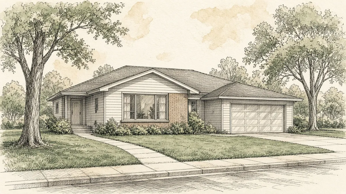 Pen-and-ink drawing of a modest Long Island ranch house on a quiet suburban street.