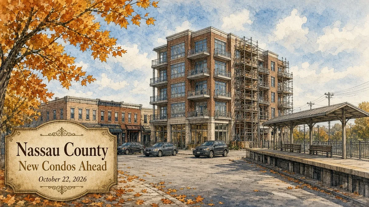 Watercolor and ink illustration of a new brick condo building near a commuter rail platform in a Long Island village, with a plaque reading Nassau County, New Condos Ahead.