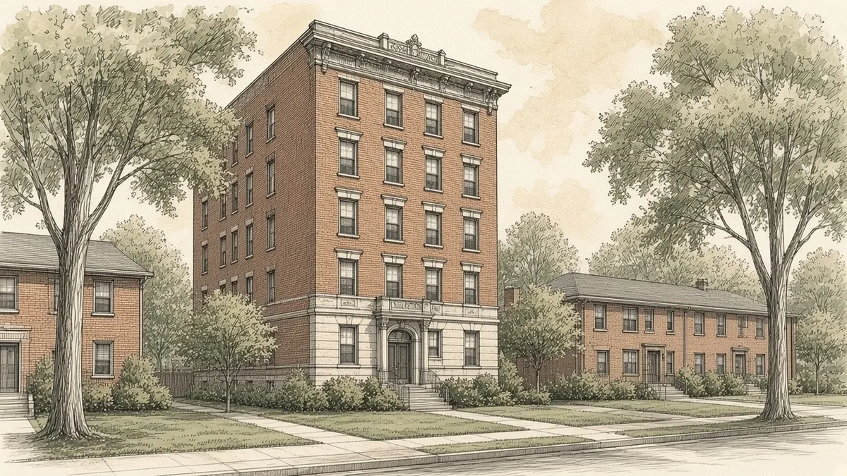 Pen-and-ink drawing of a brick prewar co-op building in Bayside