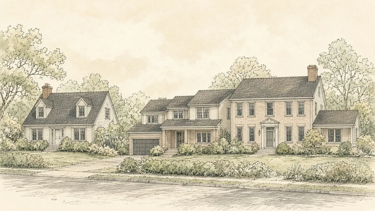 Pen and ink illustration of a Cape, a split-level and a colonial with a side addition on a Long Island street