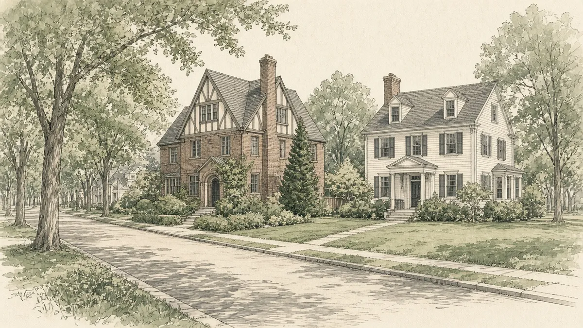 Pen-and-ink illustration of a leafy Little Neck and Douglaston street with a brick Tudor home