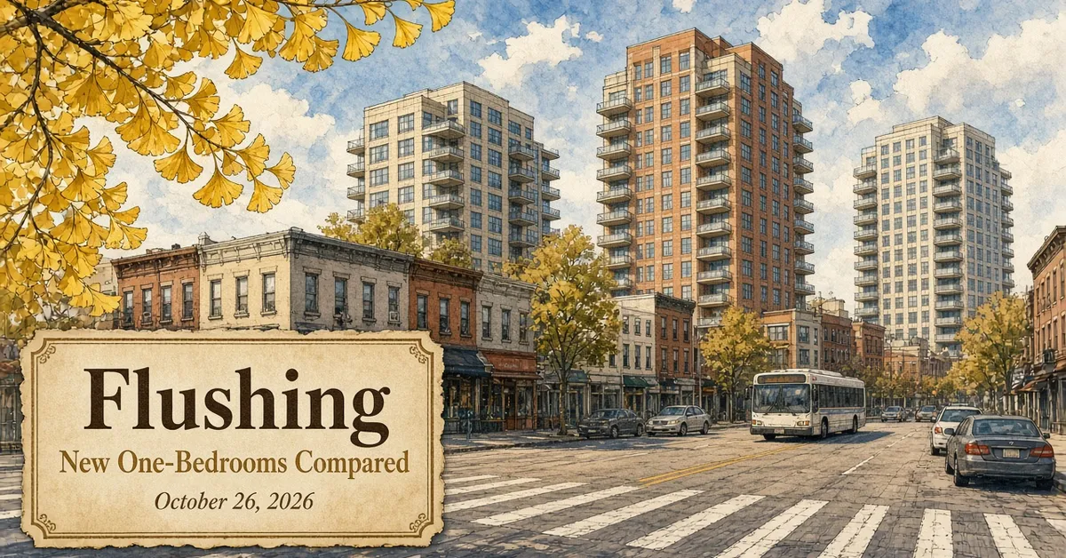 Watercolor and ink illustration of new mid-rise condo buildings with balconies along a Queens boulevard under yellow ginkgo leaves, with a plaque reading Flushing, New One-Bedrooms Compared.