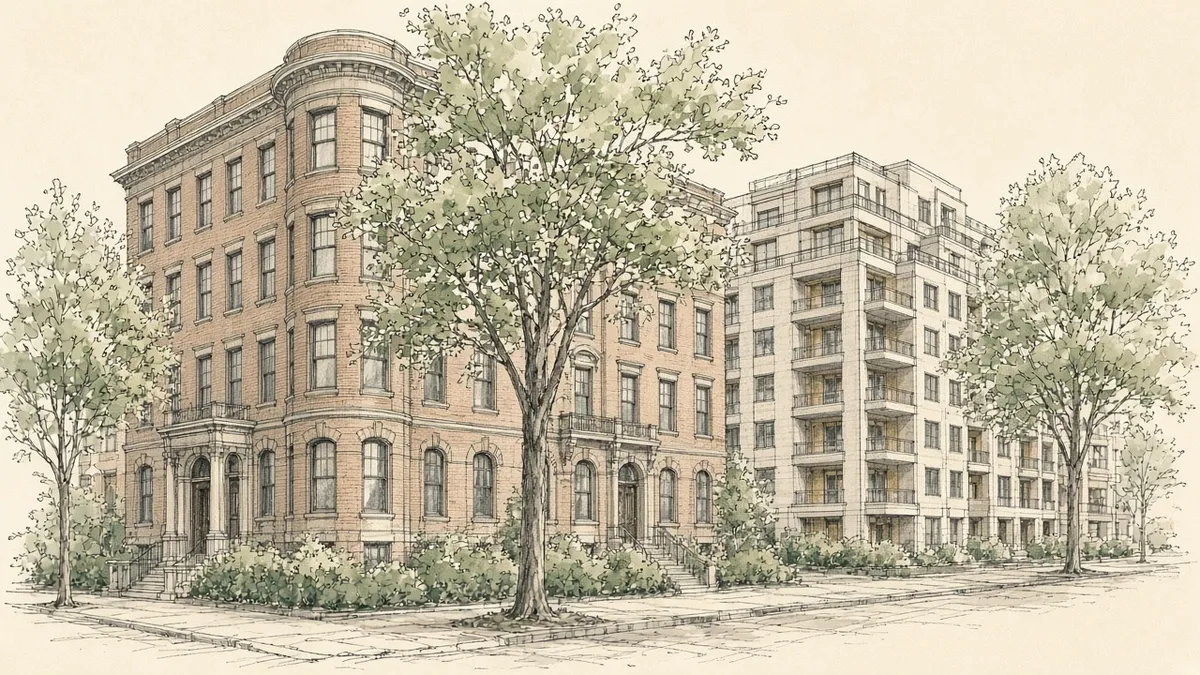 Pen-and-ink drawing of a prewar brick co-op and a mid-rise condo on a tree-lined Great Neck street