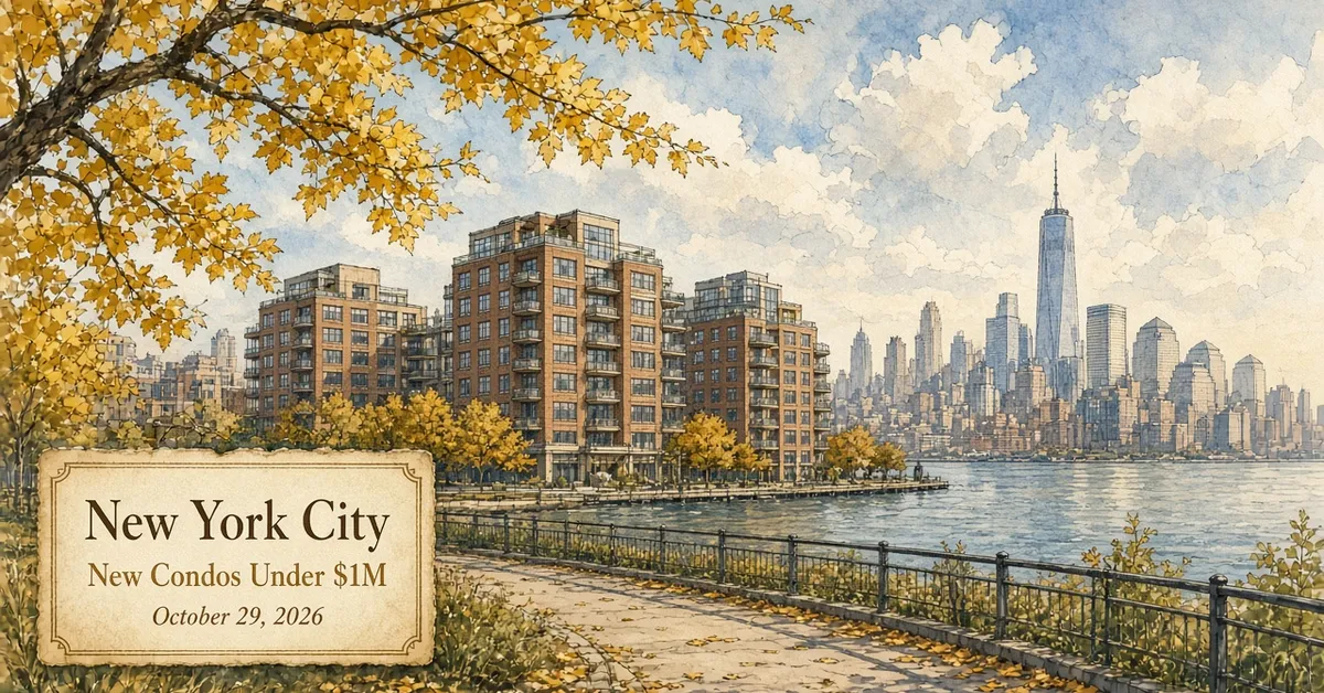 Watercolor and ink illustration of new mid-rise condo buildings on the East River waterfront with the Manhattan skyline beyond, with a plaque reading New York City, New Condos Under $1M.