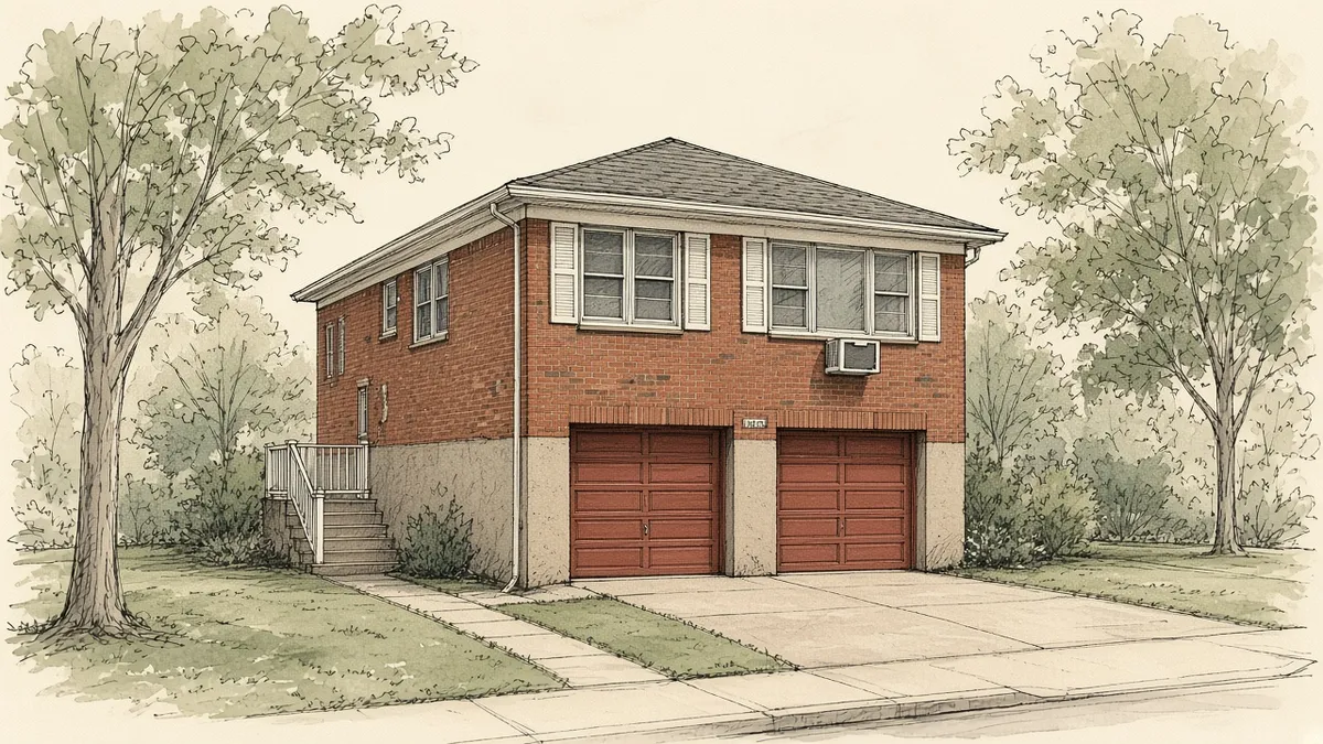 Pen-and-ink drawing of a red-brick Queens house raised above a two-car garage with a side stoop
