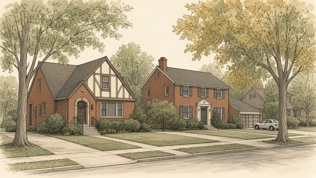 Tudor-style brick home on a tree-lined street in Queens